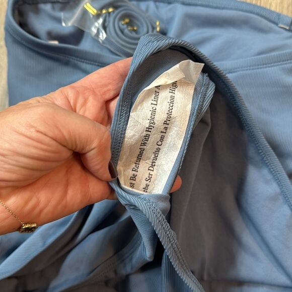 NWT Woman’s Shirred Ribbed Bandeau Cheeky One-Piece Swimsuit Blue Medium - Picture 15 of 15